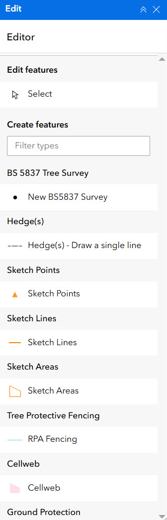 BS 5837 data capture menu